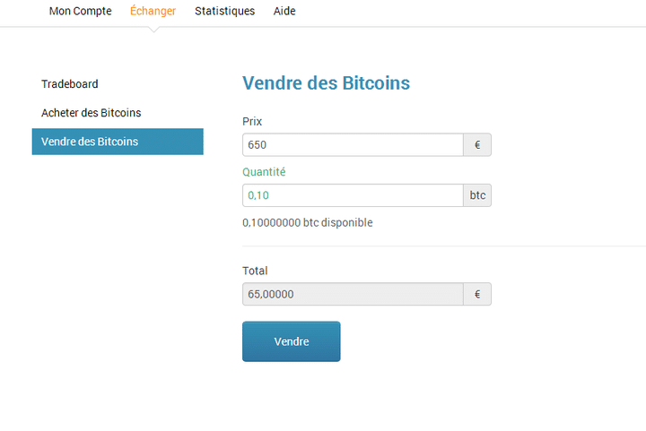 Un ordre de vente sur le site Bitcoin-Central. (VINCENT MATALON / FRANCET)