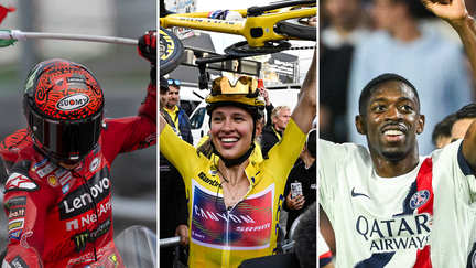 Francesco Bagnaia qui remporte le GP d'Autriche, Katarzyna Niewiadoma vainqueure du Tour de France, Ousmane Dembélé buteur avec le Paris Saint-Germain, week-end des 17 et 18 août. (AFP)