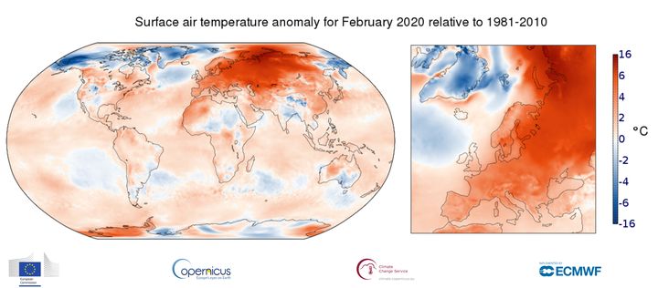 Anomalie de la température de l'air en surface en février 2020 par rapport&nbsp;à la moyenne mensuelle de 1981 à 2010. (COPERNICUS CLIMATE CHANGE SERVICE/ECMW)