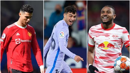 Cristiano Ronaldo (Manchester United) mine basse, Pedri (FC Barcelone) en furie, Christopher Nkunku (RB Leipzig) tout sourire : les hommes à la Une de votre récap du week-end de football européen&nbsp; (Anthony Devlin / AFP - Jose Breton / NurPhoto / NurPhoto via AFP - Ronny Hartmann / AFP)