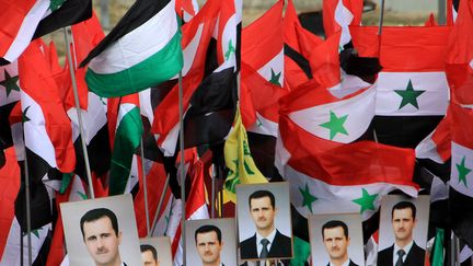 Des Syriens pro-r&eacute;gime brandissent drapeaux et photos du pr&eacute;sident Bachar Al-Assad lors d'une apparition publique le 11 janvier 2012, &agrave; Damas (Syrie). (LOUAI BESHARA / AFP)