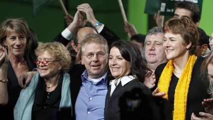 De g à d. Laurence Vichnievski, Eva Joly, Daniel Cohn-Bendit, Cécile Duflot et Dominique Voynet, le 16 janvier2009 (AFP - Patrick Kovarik)