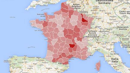 Capture d'&eacute;cran d'une carte montrant les d&eacute;partements o&ugrave; les imp&ocirc;ts locaux ont le plus augment&eacute; en 10 ans.&nbsp; (GOOGLE FUSION / FRANCETV INFO)