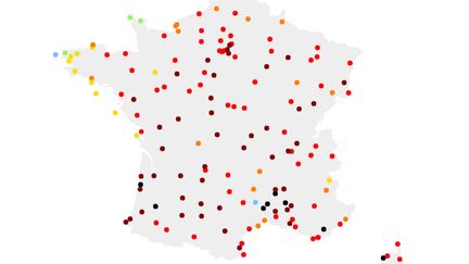 Carte des records de température en France, au 24 juin 2019. (FRANCEINFO)