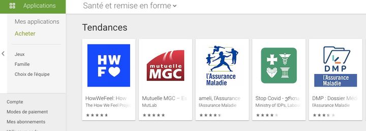 L'application Stop Covid se trouve en 4e position des tendances "Santé et remise en forme"&nbsp;pour Android. (CAPTURE D'ÉCRAN / GOOGLE PLAY STORE)