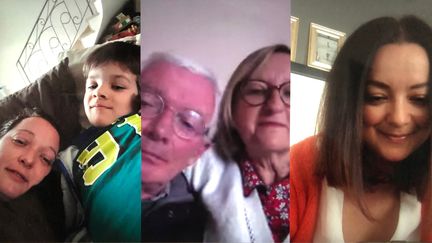 Capture d'écran d'une conversation entre Didier et Anne-Marie, au centre, et leurs deux filles Emilie (à gauche, avec son fils, Thélio) et Marion (à droite). (HOUSEPARTY)