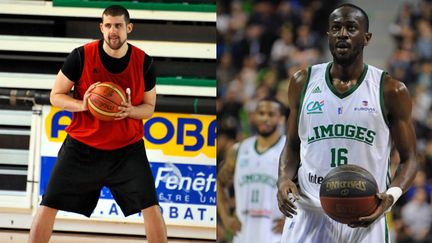 Adrien Moerman à l'entraînement avec l'équipe de France A' (à g.) et son coéquipier au CSP Limoges Nobel Boungou-Colo