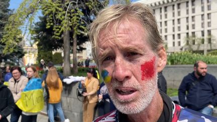 Ryan Wesley Routh speaks during an interview with AFP at a rally for the evacuation of Ukrainians from Mariupol, in kyiv, Ukraine, on April 27, 2022. (AFPTV)