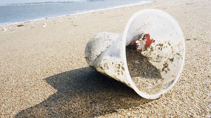 Un gobelet sur une plage. (JAMES HARDY / MAXPPP)