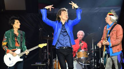 Ronnie Wood, Mick Jagger, Charlie Watts et Keith Richards des Rolling Stones sur scène à Cardiff (Royaume-Uni) le 15 juin 2018.
 (Anwar Hussein/SIPA)