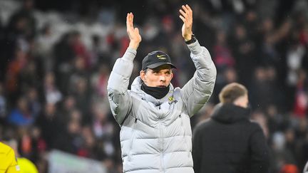 L'entraîneur de Chelsea, Thomas Tuchel, fête la victoire des siens face à Lille, le 16 mars 2022, en quart de finale de Ligue des champions. (MATTHIEU MIRVILLE / MATTHIEU MIRVILLE)