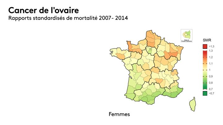 La carte de la surmortalité des cancers de l'ovaire en France entre 2007 et 2016 (rapports standardisés, source : Santé publique France). (FRANCEINFO)