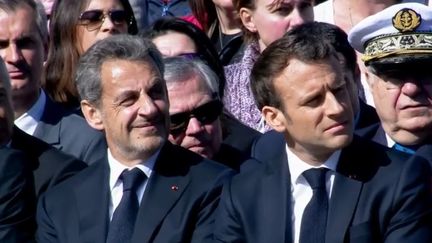 Emmanuel Macron et Nicolas Sarkozy se sont affichés ensemble dimanche 31 mars, lors de la commémoration sur le plateau des Glières, en Haute-Savoie. (FRANCE 3)