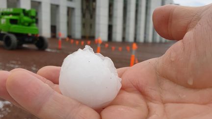 Une grêlon tombé devant le Parlement de Canberra, la capitale australienne, le 20 janvier 2020. (DON ARTHUR / AFP)