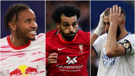 Christopher Nkunku (Leipzig), Mohamed Salah (Liverpool) et Karim Benzema (Real Madrid) à la Une du recap du week-end de football européen du 1, 2 et 3 octobre 2021 (Odd ANDERSEN / AFP - Paul ELLIS / AFP - Jose Breton / NurPhoto via AFP)