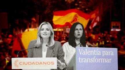 Les partis citoyens espagnols Podemos (gauche radicale), dirigé par Ione Belarra, et Ciudadanos (centre-droit), mené par Patricia Guasp, ont vu leur électorat s'effondrer. (ALEJANDRO MARTINEZ VELEZ / GETTY IMAGES  / PAULINE LE NOURS)