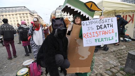 Des militants écologistes manifestent contre le glyphosate, le 9 novembre 2017 à Bruxelles (Belgique). (EMMANUEL DUNAND / AFP)