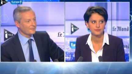 Bruno Le Maire et&nbsp;Najat Vallaud-Belkacem,&nbsp;le&nbsp;21 mai 2015, sur Europe 1 et i-T&eacute;l&eacute;. ( EUROPE 1 ET ITELE)