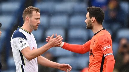 Le buteur de l'Angleterre Harry Kane (à gauche), et le gardien de but de la France, Hugo Lloris (à droite), unis sous le même maillot en club, à Tottenham. (SHAUN BOTTERILL / AFP)