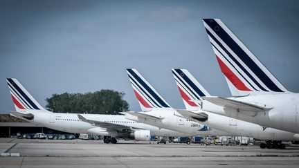 Des avions d'Air France sur le tarmac de l'aéroport Roissy-Charles-de-Gaulle (Val-d'Oise), le 24 avril 2018. (STEPHANE DE SAKUTIN / AFP)