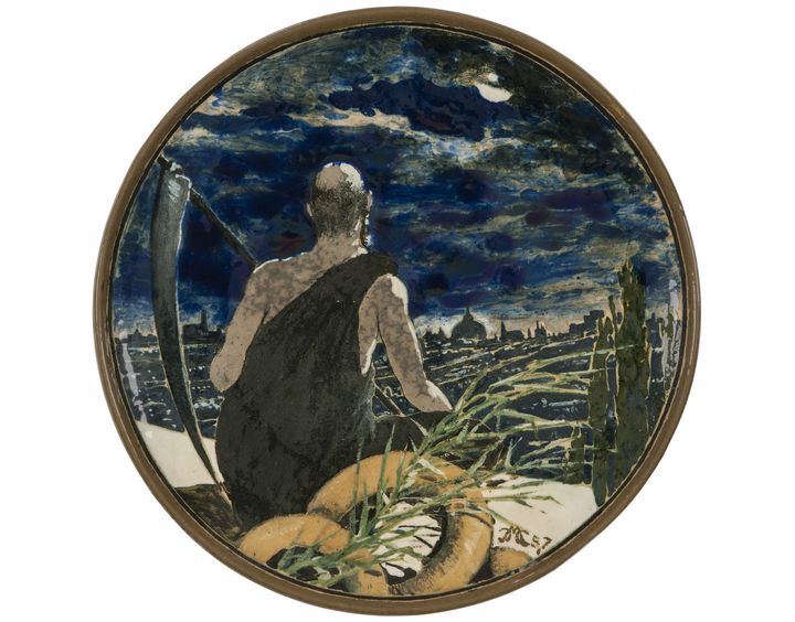 Camille Moreau-Nélaton, "Plat : Paysage citadin", 1887,Terre de Bourg-la-Reine, décoration en barbotine sous émail. (© Musée des Arts Décoratifs, Paris / Jean Tolance)