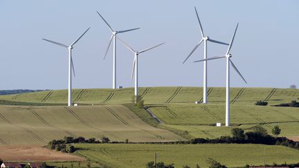 Des &eacute;oliennes surplombent le village d'Avignonet-Lauragais (Haute-Garonne), le 26 mai 2013. (REMY GABALDA / AFP)