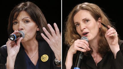 La candidate PS &agrave; la mairie de Paris, Anne Hidalgo, et la candidate UMP, Nathalie Kosciusko-Morizet, durant un d&eacute;bat organis&eacute; par la Fondation Abb&eacute;-Pierre, le 31 janvier 2014. (AFP / FRANCETV INFO)