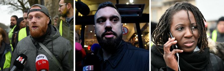 Maxime Nicolle (alias Fly Rider), Eric Drouet&nbsp;et Priscillia Ludosky, trois figures des "gilets jaunes".&nbsp;&nbsp; (GUILLAUME SOUVANT / Bertrand GUAY / AFP)