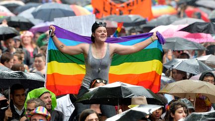 Beaucoup de participants &agrave; la marche des fiert&eacute;s LGBT se cachaient sous les parapluies, &agrave; Paris, le 28 juin 2014. (MIGUEL MEDINA / AFP)