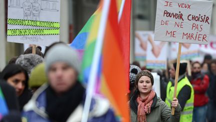 Dans le cort&egrave;ge des partisans du mariage des homosexuels, &agrave; Strasbourg, le 19 janvier 2013. (PATRICK HERTZOG / AFP)