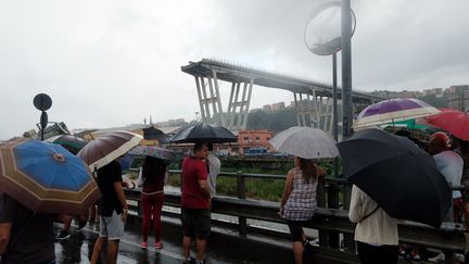 Des badauds regardent le viaduc Morandi,&nbsp;à&nbsp;Gênes (Italie), après son effondrement, le 14 août 2018. (ANDREA LEONI / AFP)