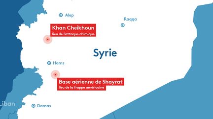 Carte des lieux de la frappe américaine en Syrie, jeudi 7 avril 2017, et de l'attaque chimique imputée au régime syrien, le 4&nbsp;avril. (FRANCEINFO)