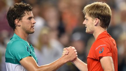 Dominic Thiem (à gauche) et David Goffin, lors de l'Open d'Australie 2016. (PETER PARKS / AFP)