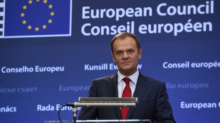 Lors de son premier discours en tant que président du Conseil européen, le 1er décembre 2014, Donald Tusk met l'accent sur "l'unité de l'Europe". (EMMANUEL DUNAND / AFP)