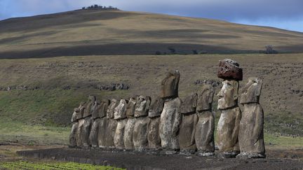 Quinze moaï de l'île de Pâques (Chili), le 29 janvier 2021. (MICHEL GUNTHER / BIOSPHOTO / AFP)