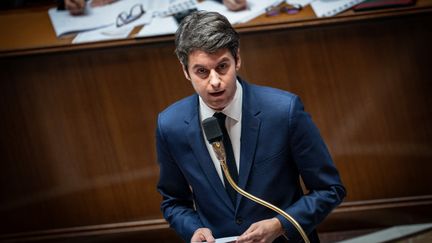 Prime Minister Gabriel Attal on March 28, 2024, at the National Assembly in Paris.  (XOSE BOUZAS / HANS LUCAS / AFP)