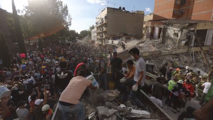 Les secours en action après le séisme qui a touché le Mexique, le 19 septembre 2017. (MIGUEL TOVAR / AFP)