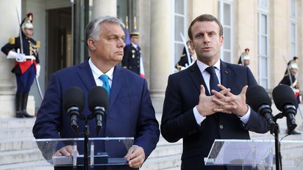 Le président français, Emmanuel Macron, avec le Premier ministre hongrois Viktor Orban, lors d'une conférence de presse à l'Elysée, le 11 octobre 2019 à Paris.&nbsp; (LUDOVIC MARIN / AFP)