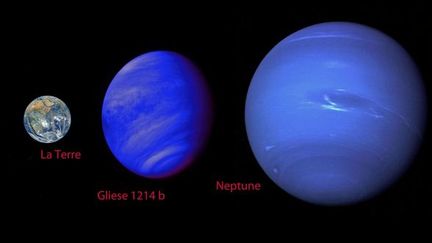 De gauche &agrave; droite, images de synth&egrave;ses de La Terre, de l'exoplan&egrave;te Gliese 1214b et de Neptune. (CAPTURE FTVI / NASA)