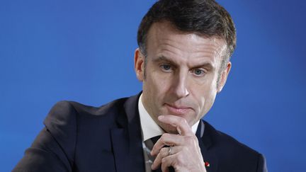 Emmanuel Macron, during a press conference at the European Council in Brussels, February 1, 2024. (LUDOVIC MARIN / AFP)