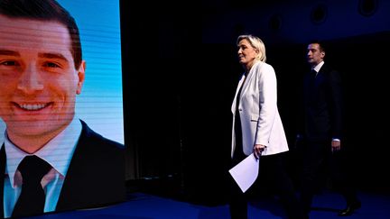 Marine Le Pen et Jordan Bardella le 9 juin 2024  à Paris. (JULIEN DE ROSA / AFP)