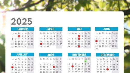 Le calendrier de l'année 2025 montrant les jours fériés