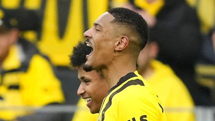 L'attaquant du Borussia Dortmund, Sébastien Haller, buteur à domicile contre Fribourg, le 4 février 2023. (MARTIN MEISSNER / AP)