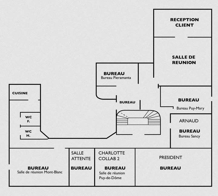 Plan des bureaux situés au 4, rue de Solférino à Paris et loués par l'agence Auvergne-Rhône-Alpes entreprises. (REPRODUCTION NICOLAS DEWIT / RADIO FRANCE)