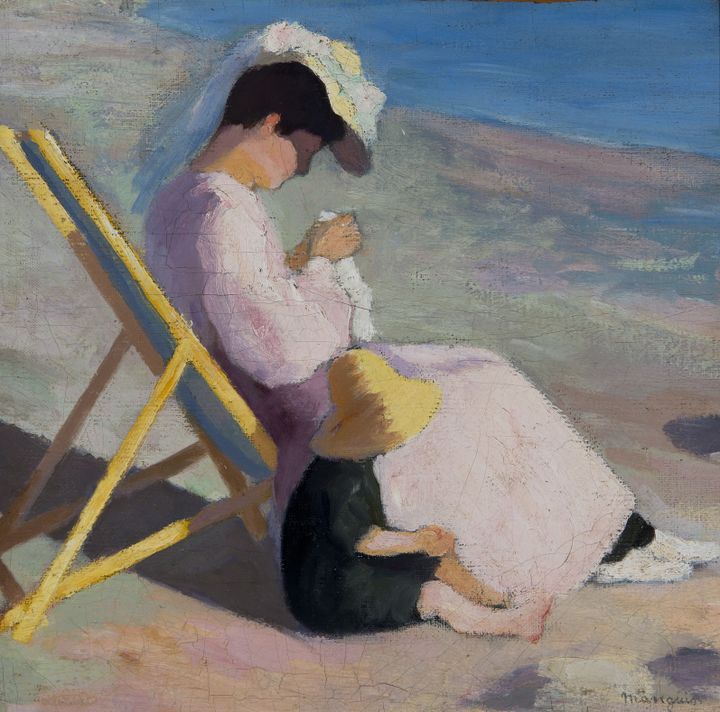 Henri Manguin, Figures sur la plage, Jeanne et Claude  Manguin, 1902, huile sur toile, 33x34 cm
 (Adagp, Paris 2015 © Claude Almodovar)