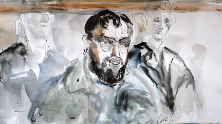 Un croquis de&nbsp;Djamel Beghal&nbsp;réalisé lors de son procès pour association de malfaiteurs à visée terroriste, le 4 janvier 2005 au tribunal correctionnel de Paris. (LAURENCE DE VELLOU / AFP)