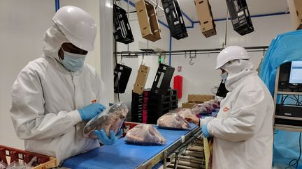 Des employés emballent poulets dans l'usine LDC (fermiers de Loué) à Sablé-sur-Sarthe (Sarthe). (LUCIE AMADIEU / RADIO FRANCE)