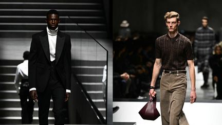 A gauche, un mannequin en Dolce & Gabbana et, à droite, en Fendi pendant la semaine de la mode masculine de Milan automne-hiver 2024-2025, le 13 janvier 2024 à Milan. (GABRIEL BOUYS / AFP)