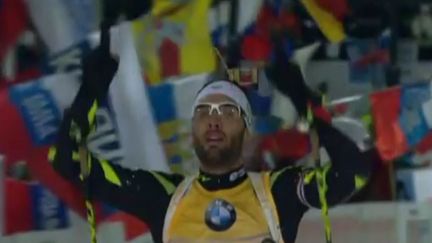 Martin Fourcade a conserv&eacute; son titre de champion du monde de l'&eacute;preuve individuelle de biathlon, jeudi 12 mars 2015, &agrave; Kontiolahti (Finlande). (FRANCETV SPORTS)