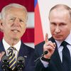 A gauche, Joe Biden lors d'un discours en Pennsylvanie, le 17 juin 2020 ; à droite, Vladimir Poutine lors d'une rencontre à Moscou, le 31 janvier 2018 (JIM WATSON / AFP)